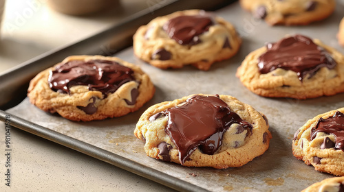 Freshly baked chocolate chip soft cookies with melted chocolate topping on a baking tray, showcasing a delicious dessert treat