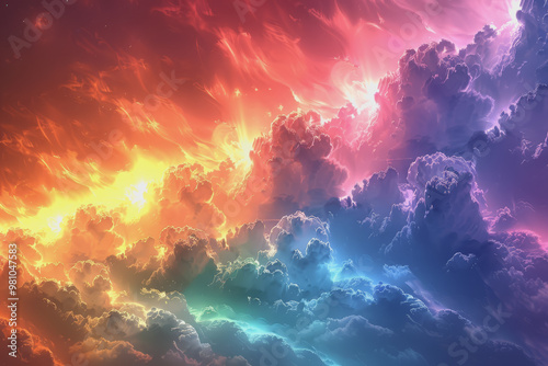 Colorful rainbow clouds with the sun shining in the background. Clouds form abstract shapes.