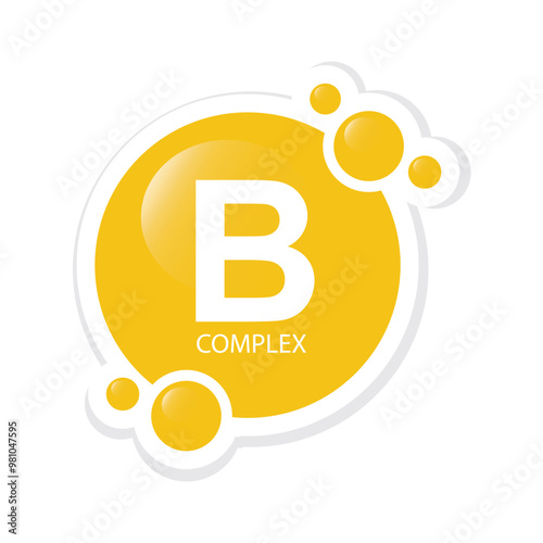 Gold colored vitamin B complex - icon, vector, sticker.