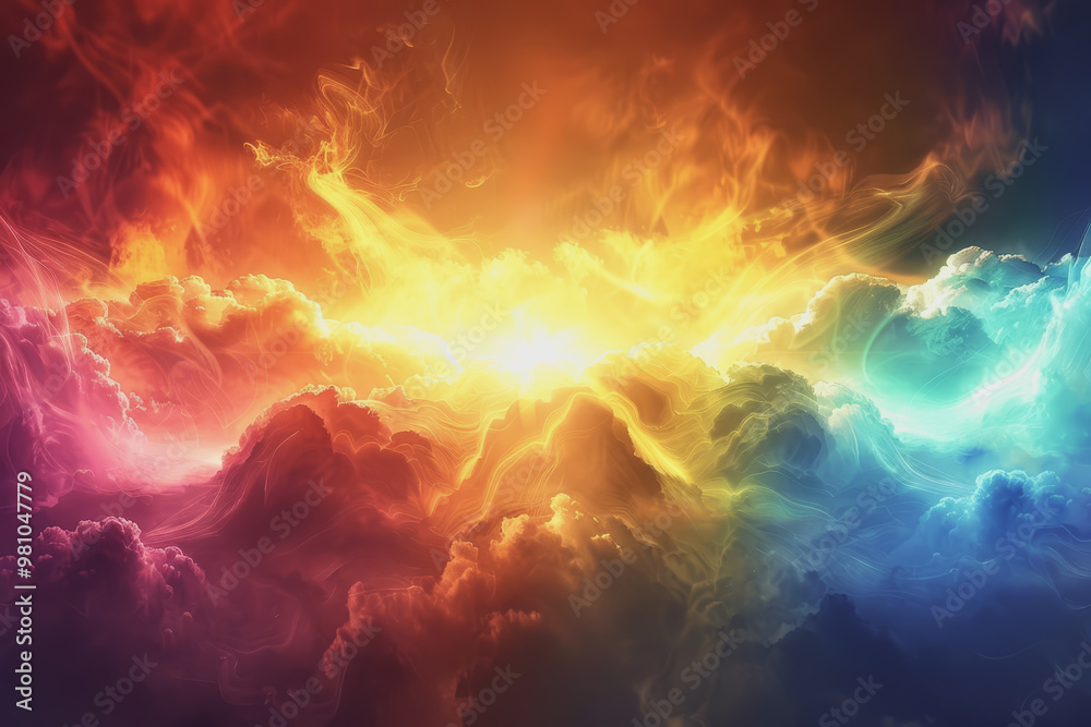 Colorful rainbow clouds with the sun shining in the background. Clouds form abstract shapes. Colorful rainbow clouds with the sun shining in the background. Clouds form abstract shapes.