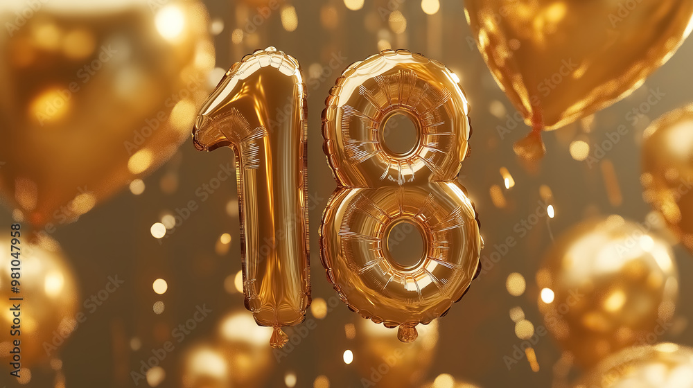 Balloons shaped like the number 18 made from gold foil, with a backdrop of sparkling gold sequins Balloons shaped like the number 18 made from gold foil, with a backdrop of sparkling gold sequins