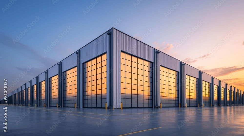 Evening view of a modern warehouse, emphasizing accessibility and operational efficiency in logistics Evening view of a modern warehouse, emphasizing accessibility and operational efficiency in logistics