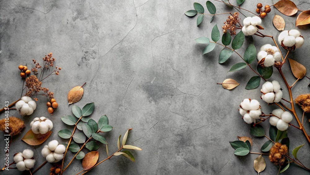 Obraz premium Elegant autumnal border composed of eucalyptus branches, delicate cotton flowers, and warm dried leaves arranged artfully on a soft gray background in a flat lay overhead view.