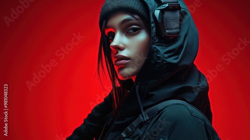 Enigmatic female with dark hood and urban tech look photo