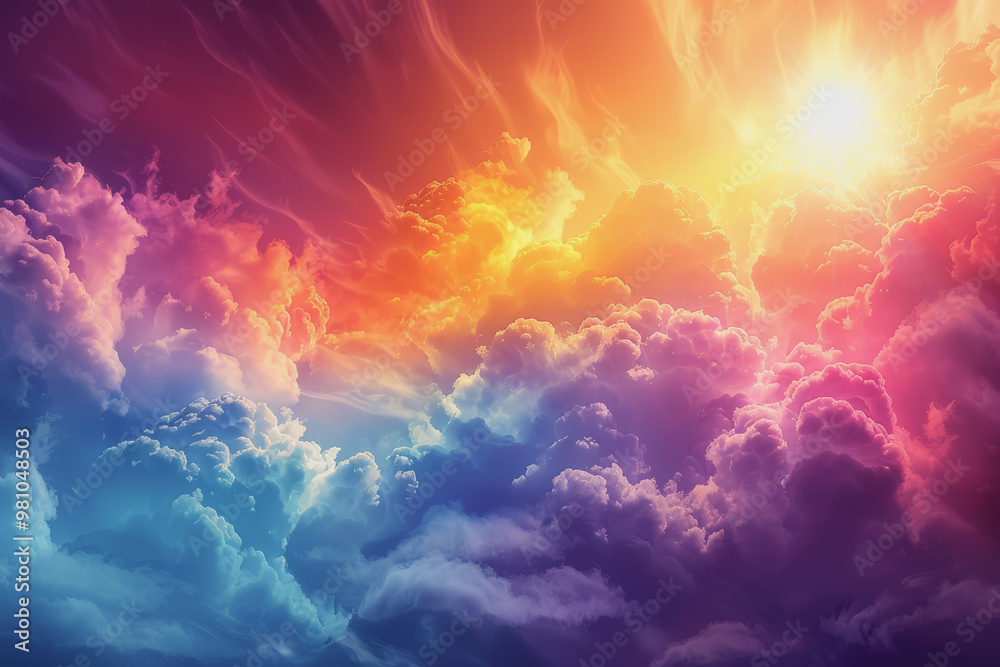 Colorful rainbow clouds with the sun shining in the background. Clouds form abstract shapes. Colorful rainbow clouds with the sun shining in the background. Clouds form abstract shapes.