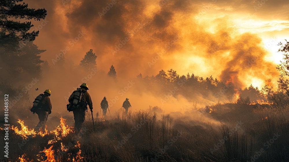 Fototapeta premium Firefighters battling a forest wildfire, with smoke billowing into the sky.