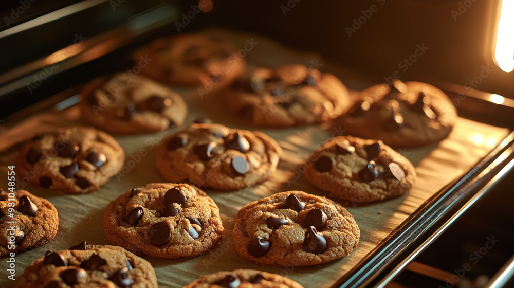 Freshly baked chocolate chip cookies on a baking tray inside an illuminated oven, showcasing golden brown edges and melted chocolate pieces