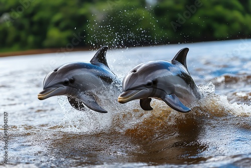 Amazon Forest river dolphins swimming playfully in the water, unique to the region photo