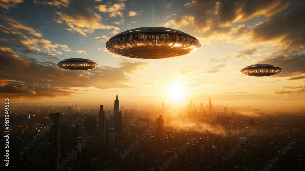 Three UFOs hover over a skyline at sunset, casting an otherworldly glow on the city below, creating a dramatic and captivating scene. Three UFOs hover over a skyline at sunset, casting an otherworldly glow on the city below, creating a dramatic and captivating scene.