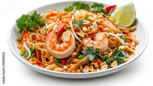 Delicious shrimp dish with noodles, peanuts, and fresh herbs garnished with lime, perfect for food photography and culinary displays.