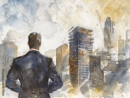 Businessman looks at the growth of buildings in the city. Watercolor painting.