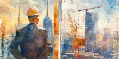 Construction engineer looking intently at building under construction. Watercolor painting.