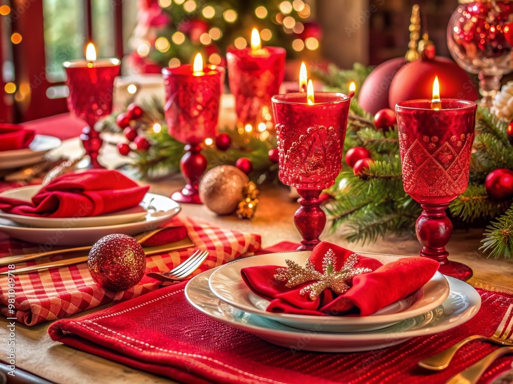 Vibrant red table setting with ornate glasses, candles, and festive decorations, surrounded by lavish napkins and a beautifully embroidered tablecloth, perfect for New Year's celebrations. Vibrant red table setting with ornate glasses, candles, and festive decorations, surrounded by lavish napkins and a beautifully embroidered tablecloth, perfect for New Year's celebrations.
