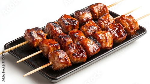 Delicious skewered meat grilled to perfection, served on a black plate. Ideal for food lovers and culinary presentations.