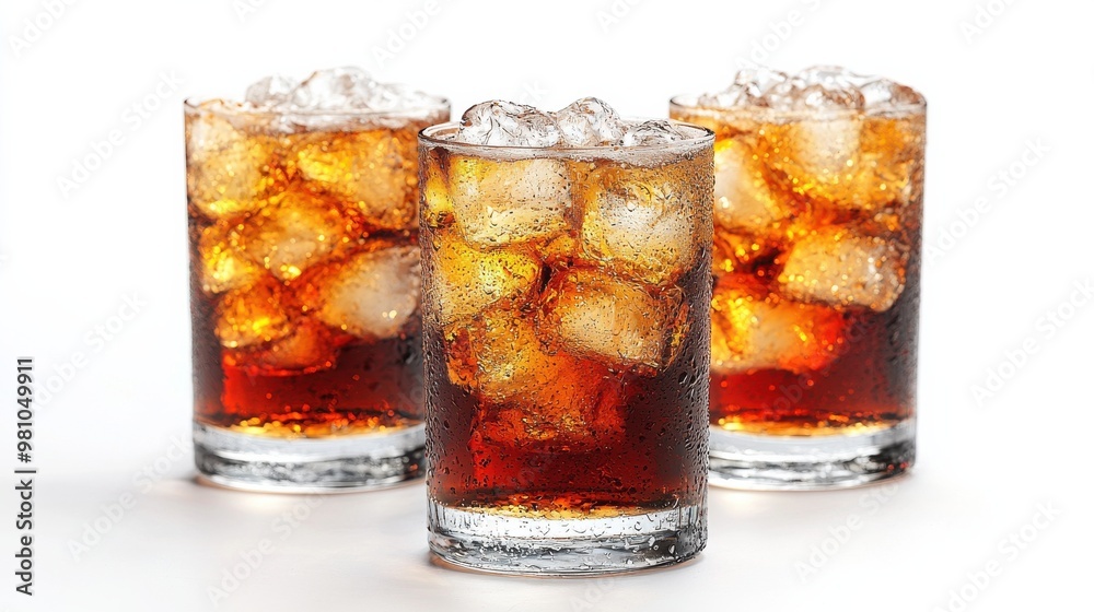 Refreshing glasses of cola with ice cubes against a white background, emphasizing coolness and enjoyment Refreshing glasses of cola with ice cubes against a white background, emphasizing coolness and enjoyment