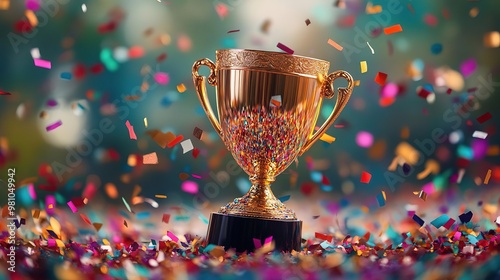 A golden trophy surrounded by colorful confetti, symbolizing victory and celebration in an award ceremony. photo