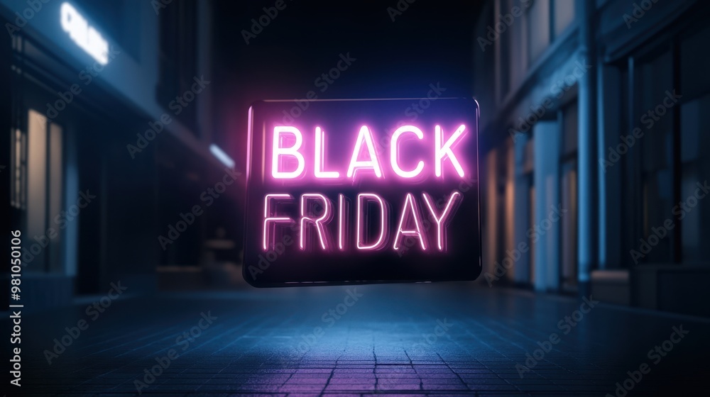 Neon Black Friday Sign on Dark Urban Street Neon Black Friday Sign on Dark Urban Street