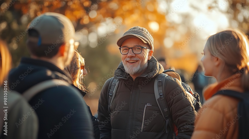 A group of friends engaging in a joyful conversation outdoors during autumn, surrounded by colorful leaves and warm sunlight.