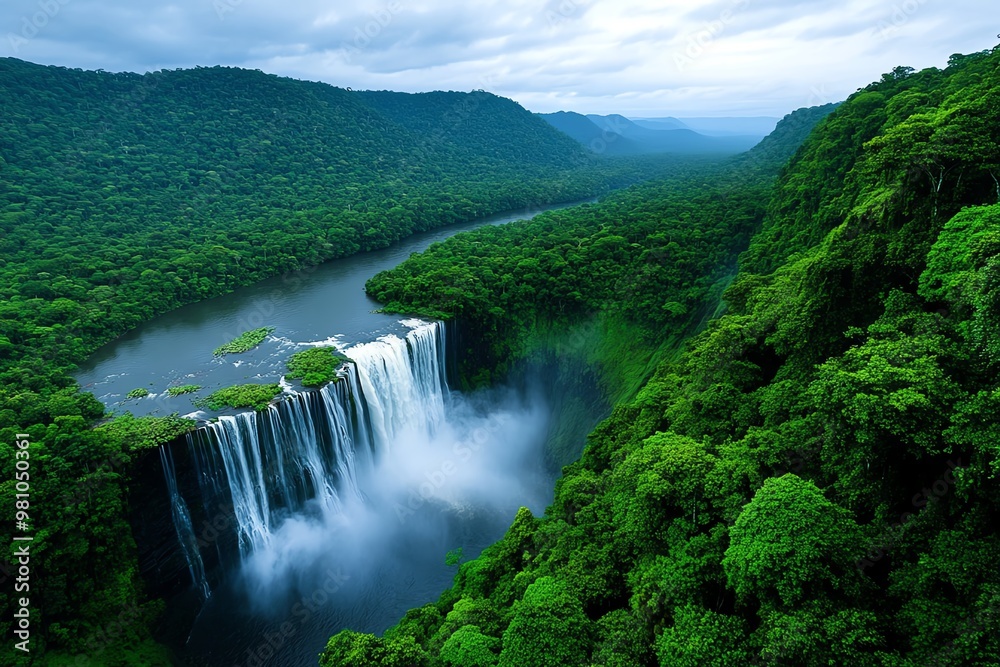 Amazon Forest waterfalls hidden deep in the jungle, with mist rising from the water Amazon Forest waterfalls hidden deep in the jungle, with mist rising from the water