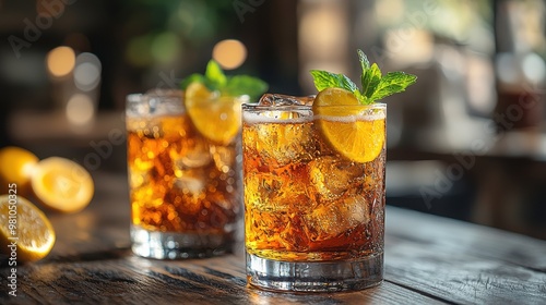 Refreshing iced drinks with lemon and mint garnishes on a rustic wooden table in a cozy, warm-lit setting