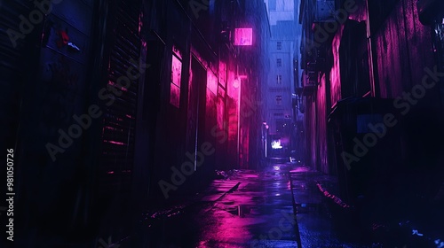 A neon-lit alleyway reflecting vibrant colors on wet pavement, evoking a moody urban atmosphere.