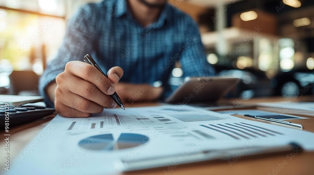 A person analyzing data with graphs and charts on a desk, showcasing a focused approach to business analysis and strategy. A person analyzing data with graphs and charts on a desk, showcasing a focused approach to business analysis and strategy.