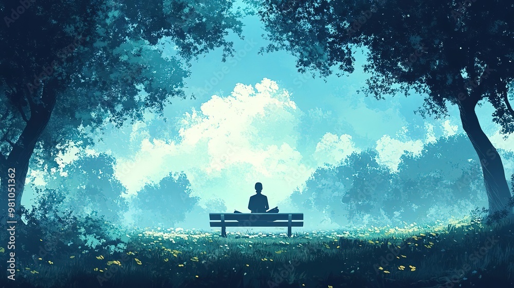A serene figure sits on a bench, surrounded by lush trees and vibrant flowers, under a blue sky filled with fluffy clouds. A serene figure sits on a bench, surrounded by lush trees and vibrant flowers, under a blue sky filled with fluffy clouds.