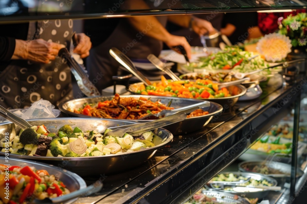 Buffet with various dishes and salads being served. Catering and food service concept for design and print.