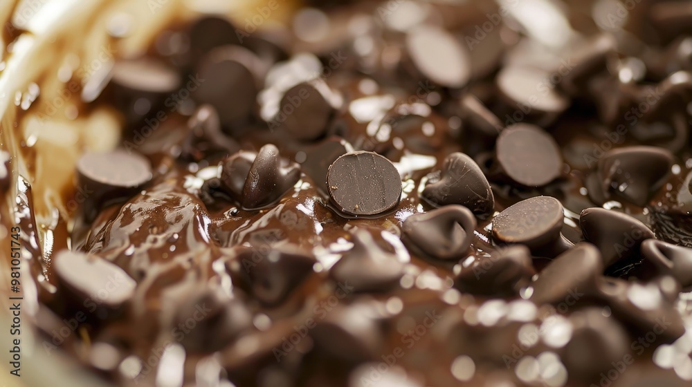 close-up beauty of chocolate chips nestled in a bowl of cookie dough. close-up beauty of chocolate chips nestled in a bowl of cookie dough.