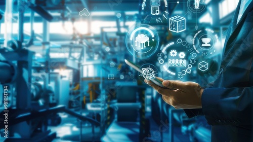 Person using technology in an industrial environment, surrounded by virtual icons representing Industry 4.0, automation, and smart manufacturing systems.