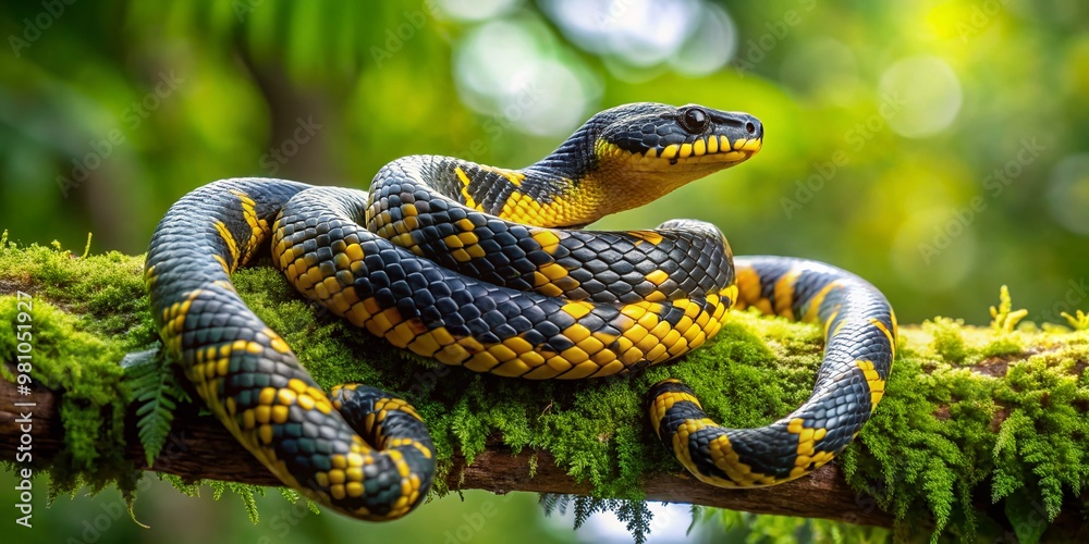 Vibrant black and yellow serpent coils around a moss-covered branch, its scales glistening in the dappled light Vibrant black and yellow serpent coils around a moss-covered branch, its scales glistening in the dappled light