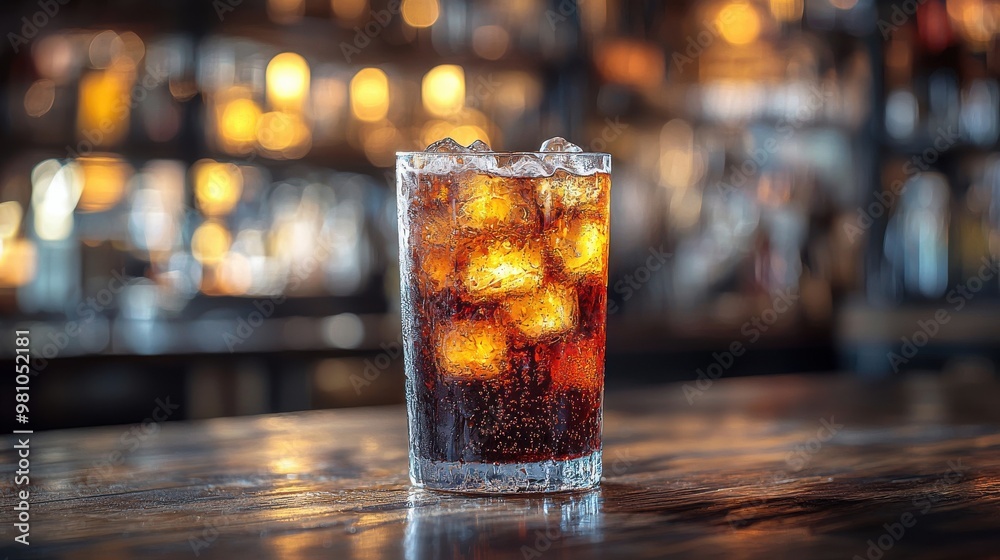Refreshing glass of cola with ice on a wooden bar top in a cozy, dimly lit pub during the evening Refreshing glass of cola with ice on a wooden bar top in a cozy, dimly lit pub during the evening