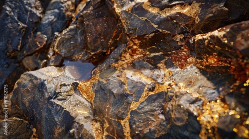 contrast of gold ore with its gleaming gold streaks set against rugged rock.