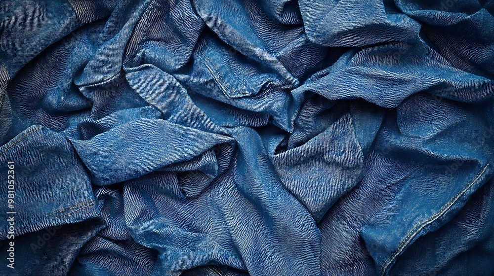 A close-up view of crumpled blue denim fabric, showcasing texture and color variations. A close-up view of crumpled blue denim fabric, showcasing texture and color variations.