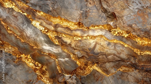 contrast of gold ore with its gleaming gold streaks set against rugged rock.