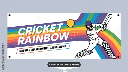Cricket rainbow flat line banner batsman championship vector illustration