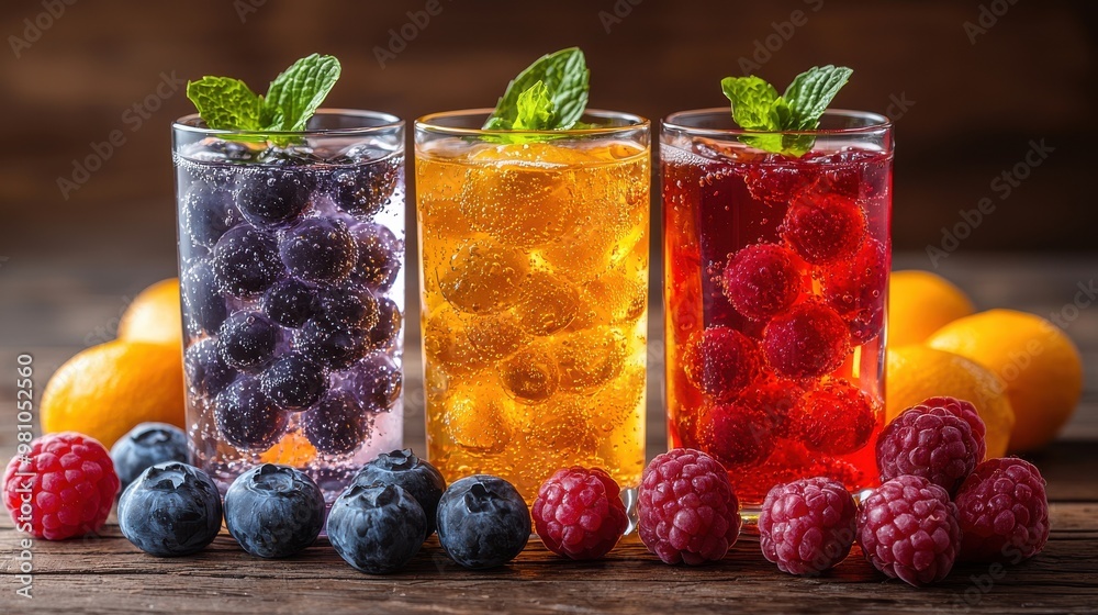 Three vibrant sparkling beverages with fruit, garnished with mint leaves, displayed on a rustic wooden table Three vibrant sparkling beverages with fruit, garnished with mint leaves, displayed on a rustic wooden table