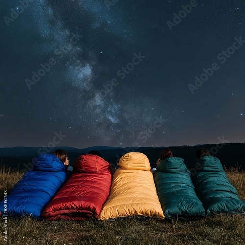 Group of friends with sleeping bags, stargazing together, camping stargazing, shared celestial moments