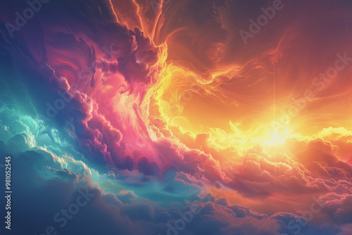 Colorful rainbow clouds with the sun shining in the background. Clouds form abstract shapes.