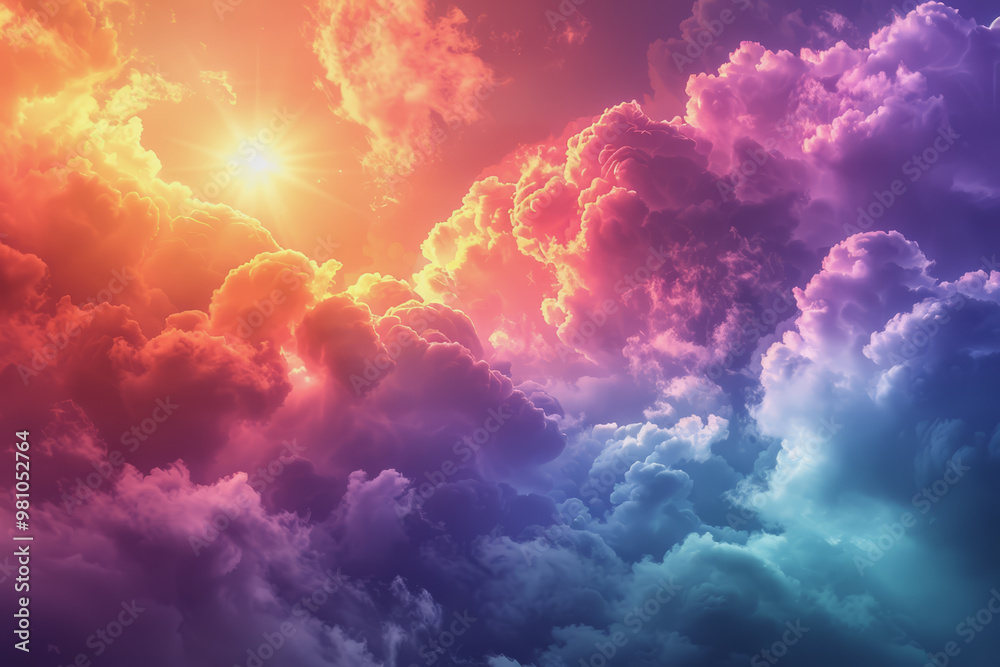 Colorful rainbow clouds with the sun shining in the background. Clouds form abstract shapes. Colorful rainbow clouds with the sun shining in the background. Clouds form abstract shapes.