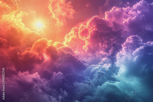 Colorful rainbow clouds with the sun shining in the background. Clouds form abstract shapes.