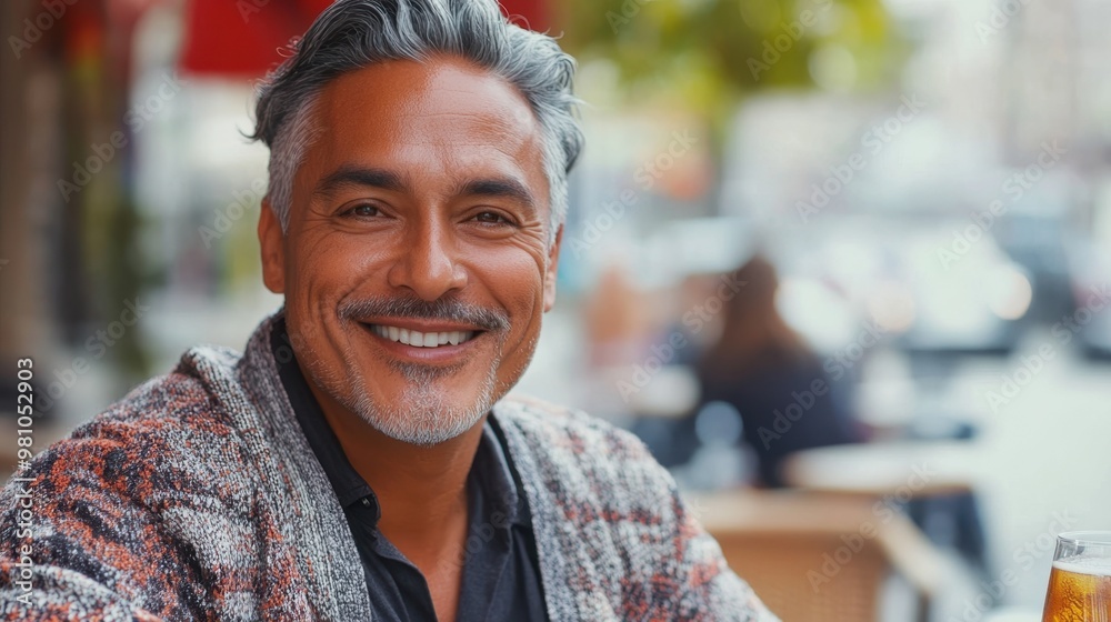 Cheerful Middle-Aged Man Enjoying Outdoor Cafe in City Cheerful Middle-Aged Man Enjoying Outdoor Cafe in City