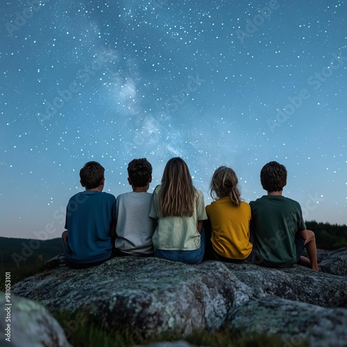 Group of teens sitting on rocks, all focused on the night sky, camping stargazing, adventure and learning