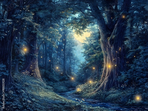 Lush Dusk Forest with Glowing Fireflies and Hidden Stream in Impressionist Style
