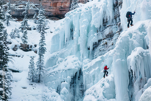 Climbers scaling frozen waterfalls and ice-covered cliffs, using specialized equipment photo