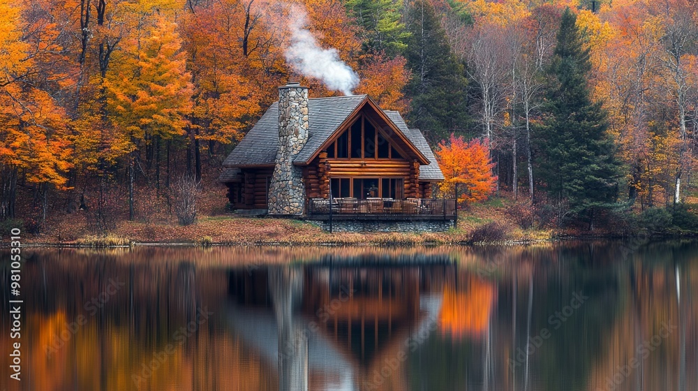Fototapeta premium Log Cabin by Calm Lake Surrounded by Autumn Foliage -- AI generated illustration
