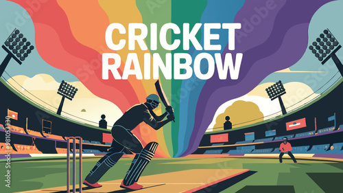 Cricket rainbow flat line banner batsman championship vector illustration