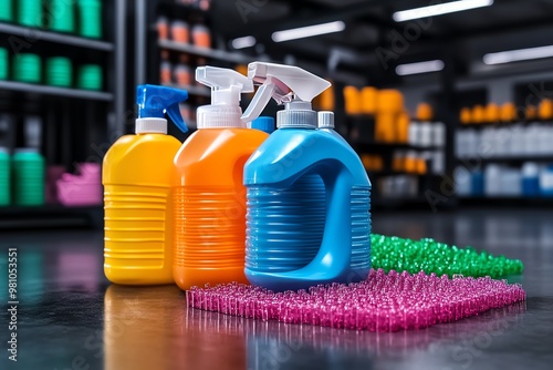 Direct materials for producing cleaning products, like chemicals and plastic containers photo