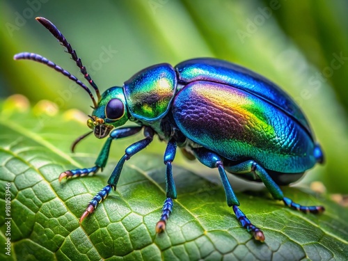 Vibrant blue beetle with iridescent metallic wings and shimmering body perched on a green leaf, showcasing its striking