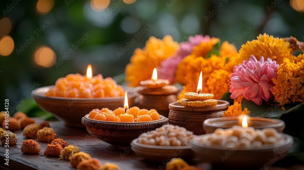 A traditional Diwali arrangement with flickering candles, fresh flowers, and sweets, creating an atmosphere of light, joy, and celebration. A traditional Diwali arrangement with flickering candles, fresh flowers, and sweets, creating an atmosphere of light, joy, and celebration.